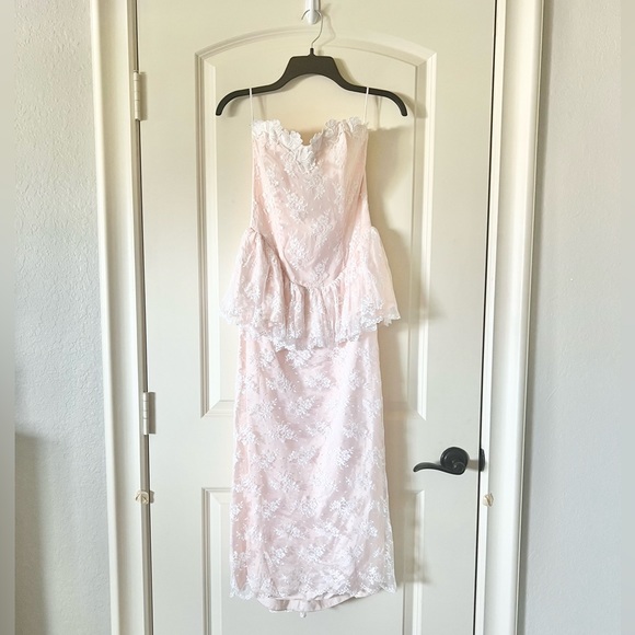 Jessica McClintock Dresses & Skirts - Vtg Jessica McClintock Pink Floral Lace Midi Dress 6 Peplum Ruffle Train 80s
